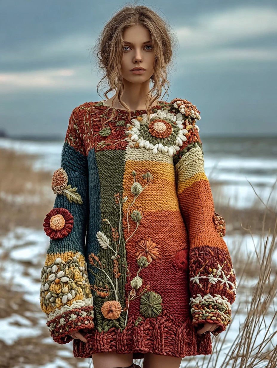 Vintage floral crochet multi-color patchwork comfortable knitted pullover sweater