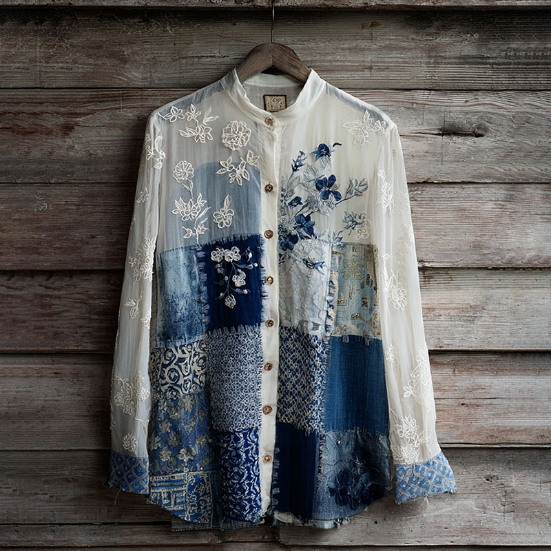 Vintage Floral Lace Patchwork Linen Women's Long Sleeve Shirt