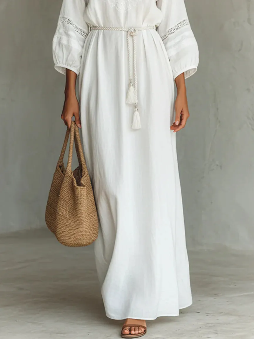 White Blend Lace V-neck Belted Maxi Dress