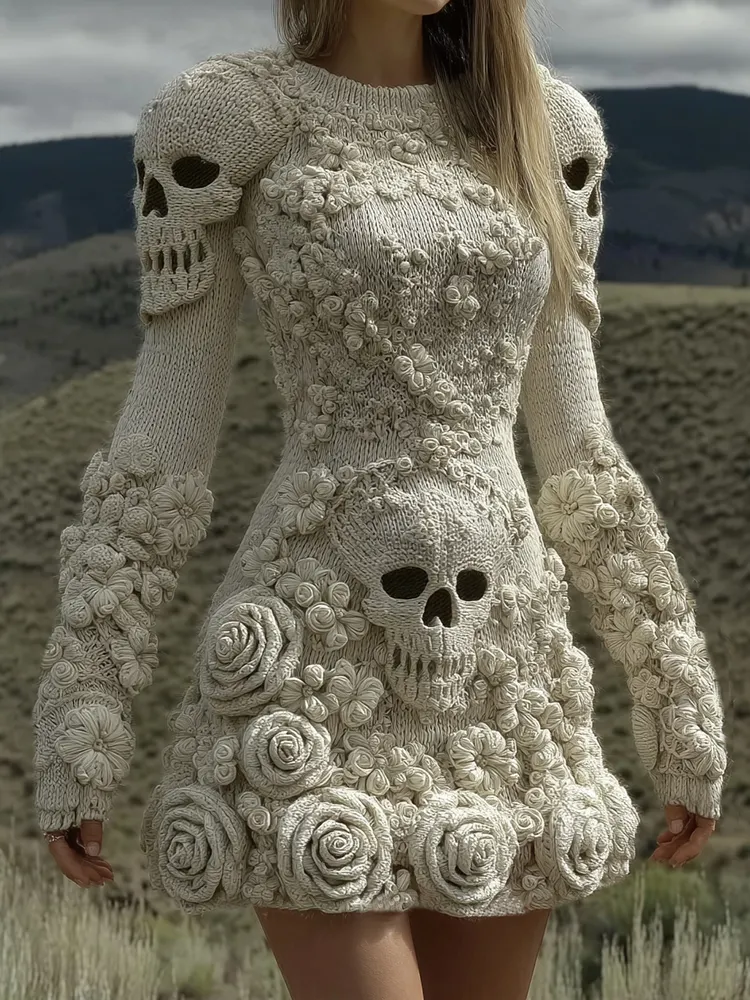 Women's Halloween Skull With Rose Pattern Art Cozy Knit Sweater Dress