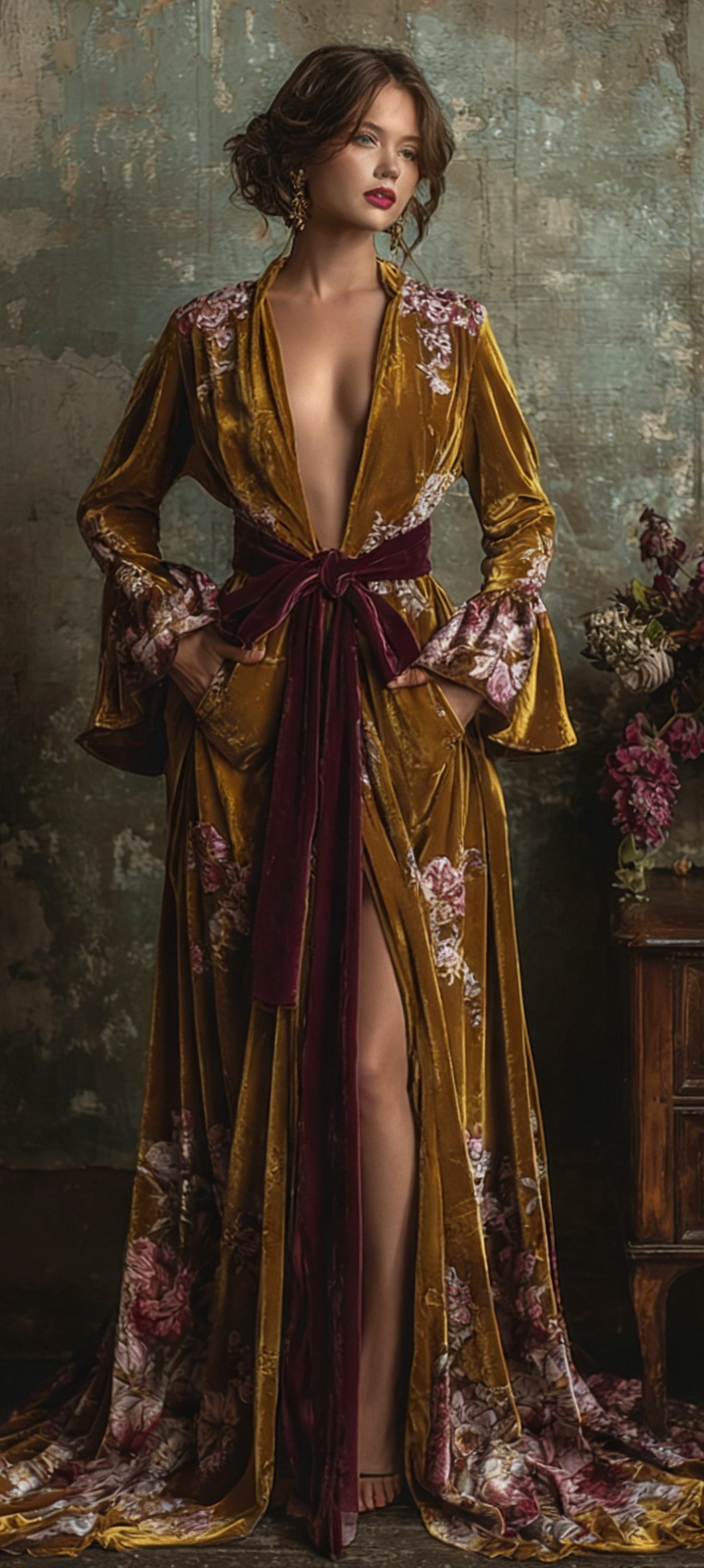 Women's Vintage Velvet Ornate Print Robe (belt Included)