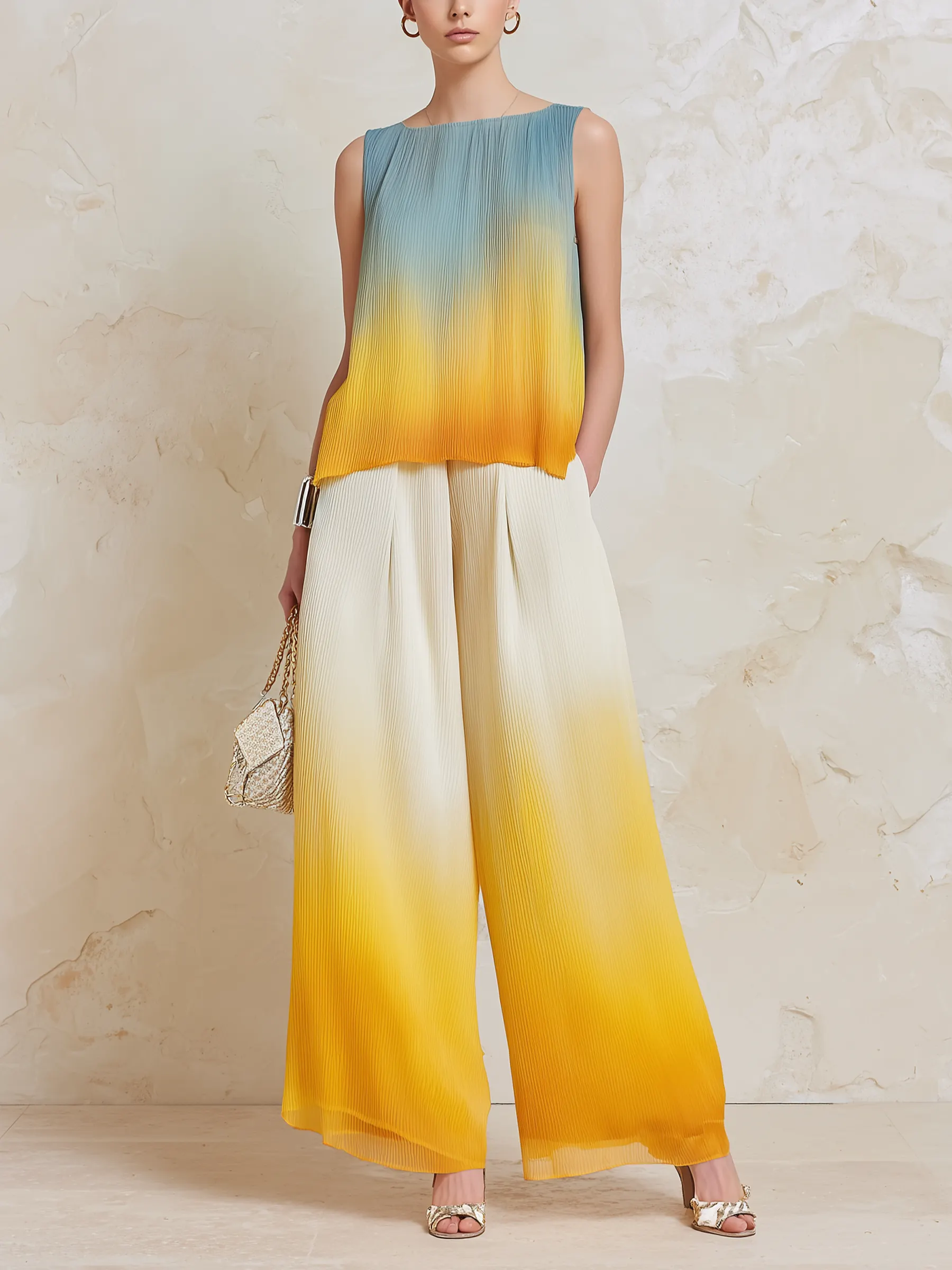 Sunset Ombré Sleeveless Two-Piece Wide-Leg Set