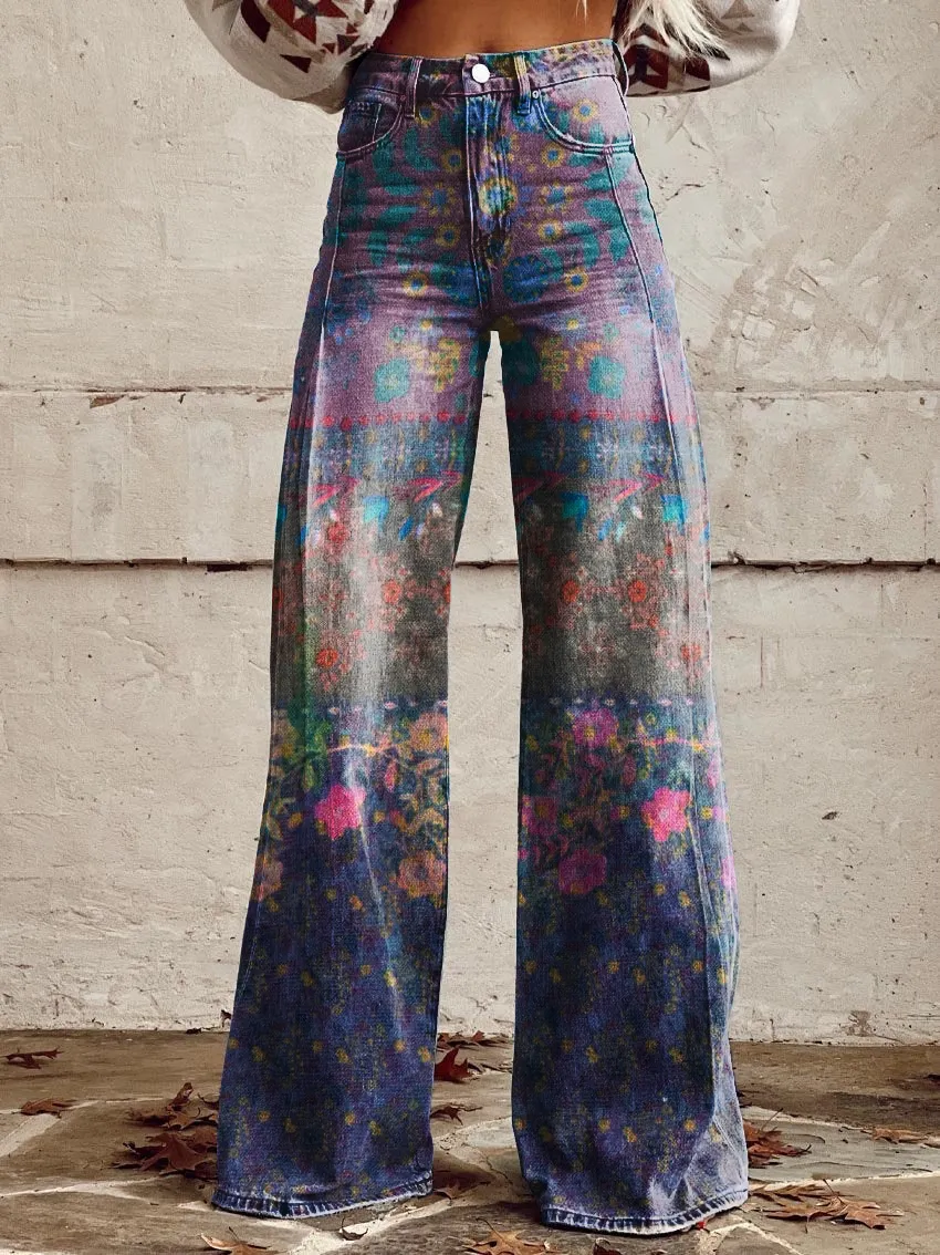 Vintage Floral Art Casual Wide-Leg Pants