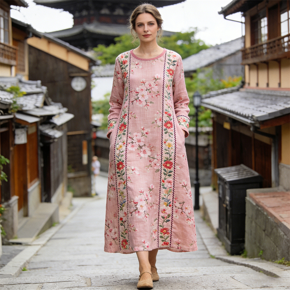 Apanese Sakura Patchwork Pattern Women's Linen Long Sleeve Maxi Dress