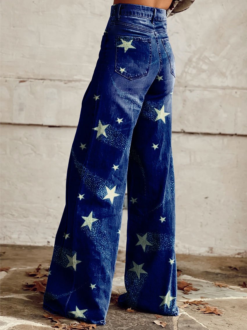 Vintage Print Casual Wide-Leg Pants