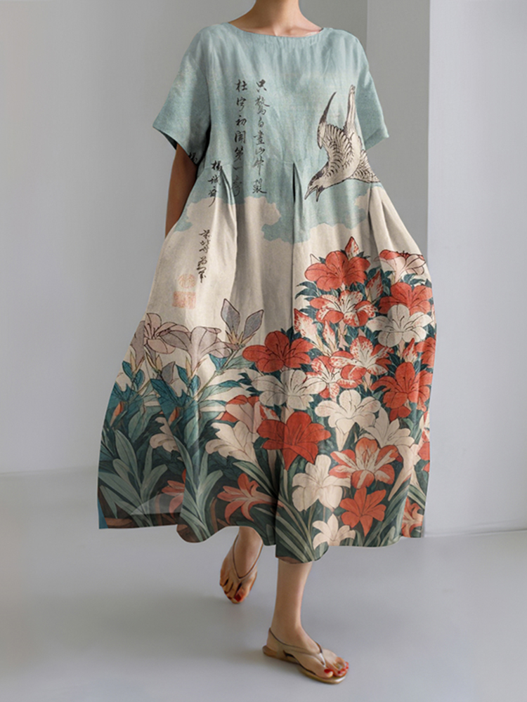 Vintage Japanese Floral & Bird Art Print Midi Dress