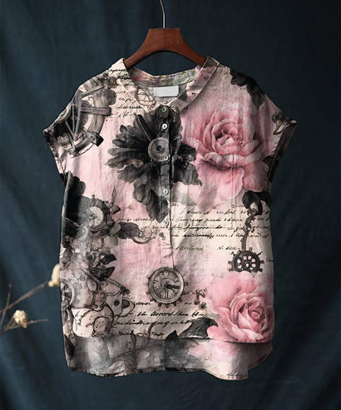 Vintage Floral Print Short-sleeved Cotton & Linen Shirt
