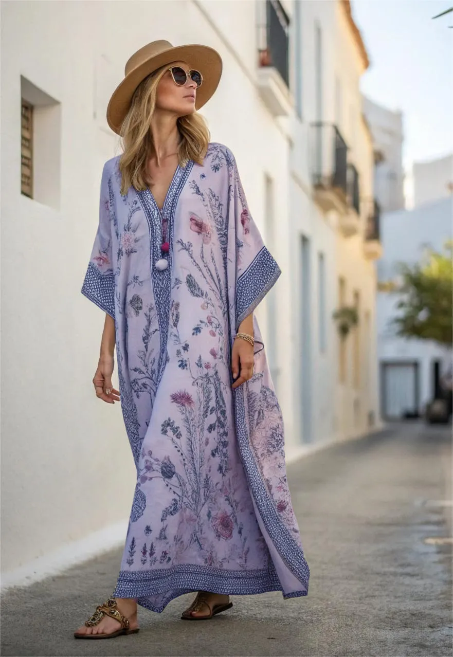 Contton & Linen Long-Sleeve Kaftan Maxi Dress