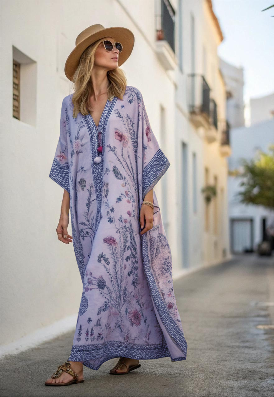 Cotton & Linen Long Sleeve Kaftan Maxi Dress