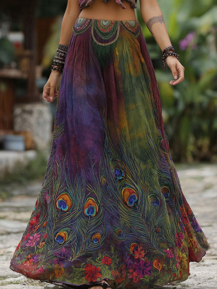 Retro Elegant Peacock Feather Floral Embroidery Art Linen Blend Casual Midi Skirt