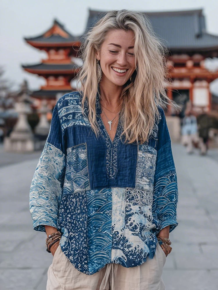 Japanese Style Floral Wave Patchwork Pattern Cozy Top