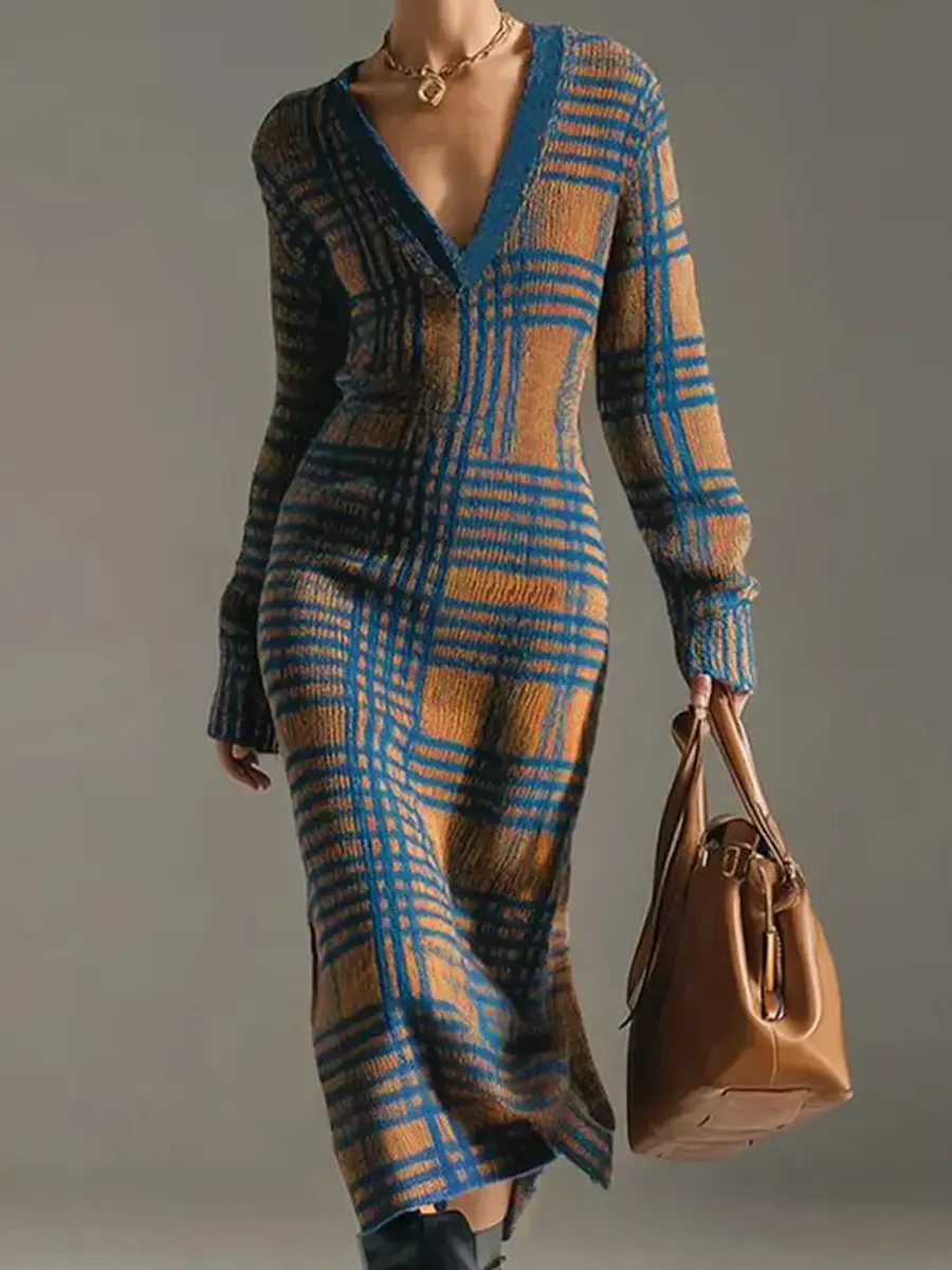 Cozy V-neck Plaid Sweater Dress