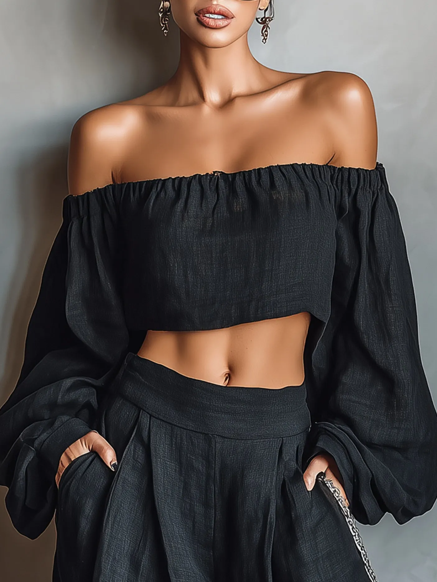 Black Off-the-shoulder Long-sleeved Top & Wide-leg Pants Set