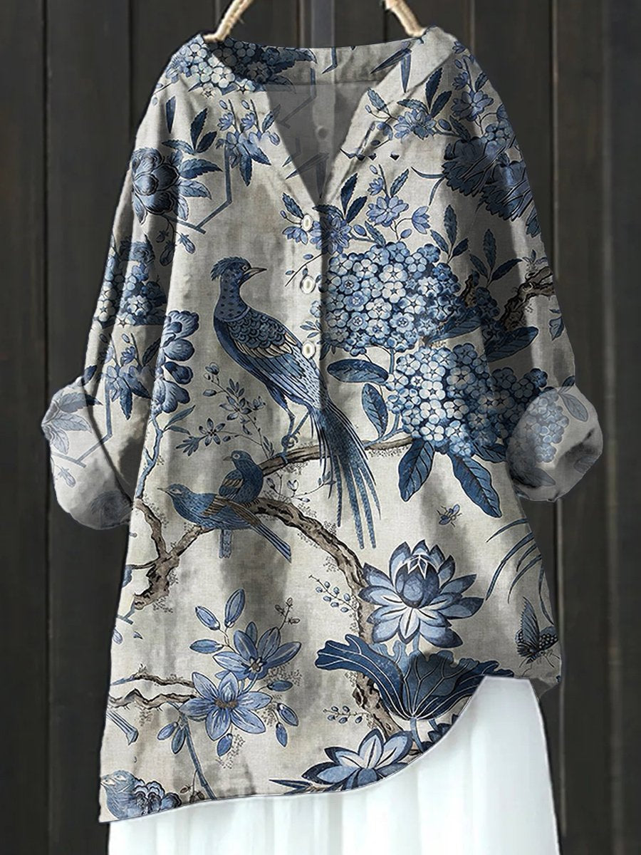Floral Art Print Casual Cotton & Linen Shirt
