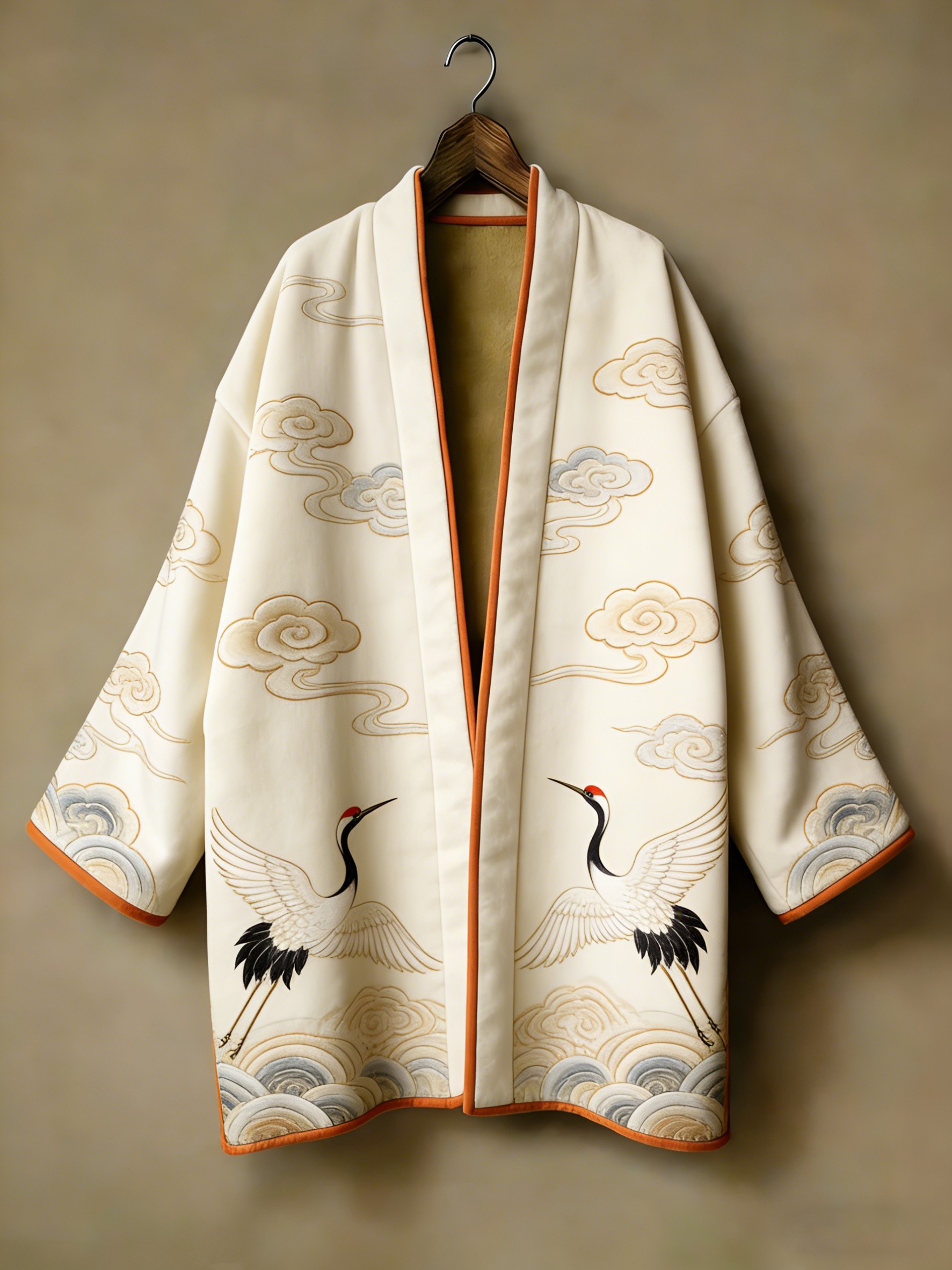 Oriental aesthetic printed flannel embroidered medium and long kimono cardigan