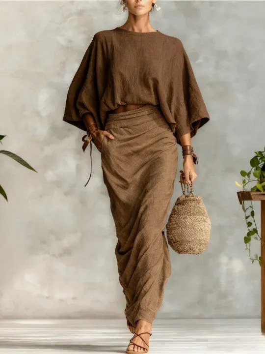 Round neck batwing sleeve top & long skirt set