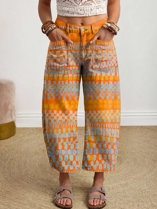 Vintage-style Textured Floral Art Print Casual Cotton Trousers With Pockets