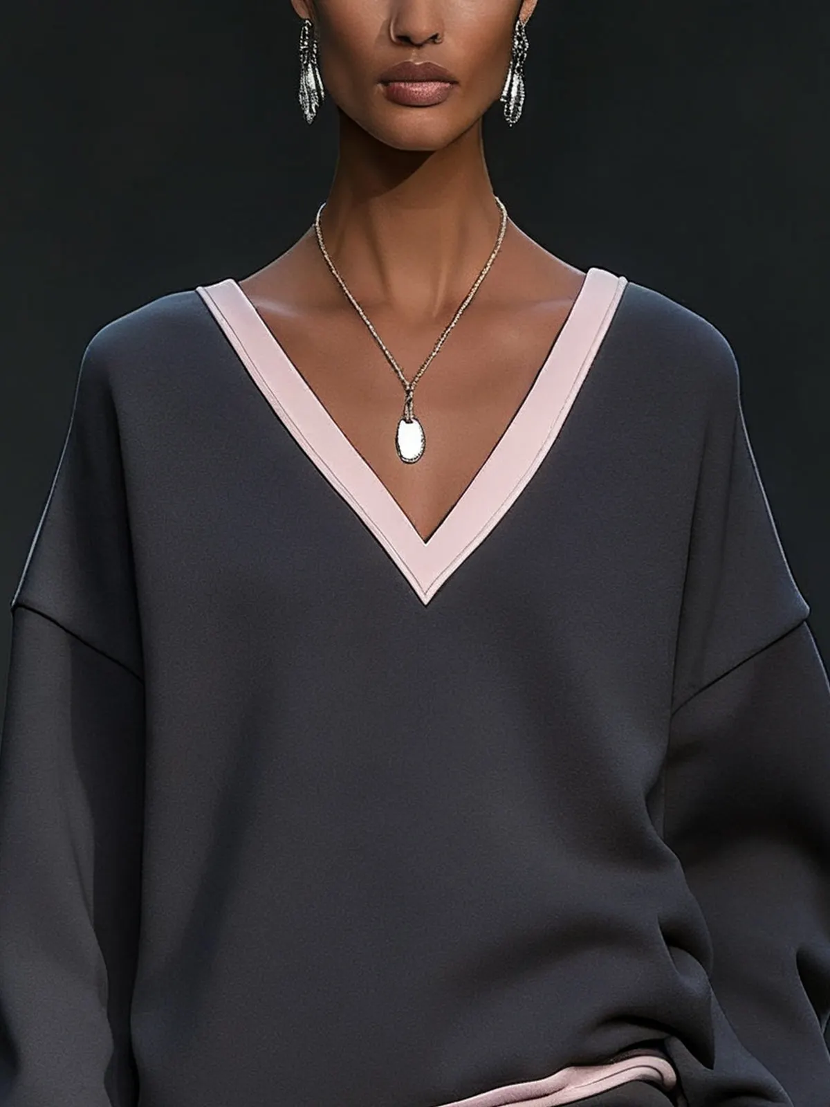Gray Dress With Blush Accents And Pleated Hem