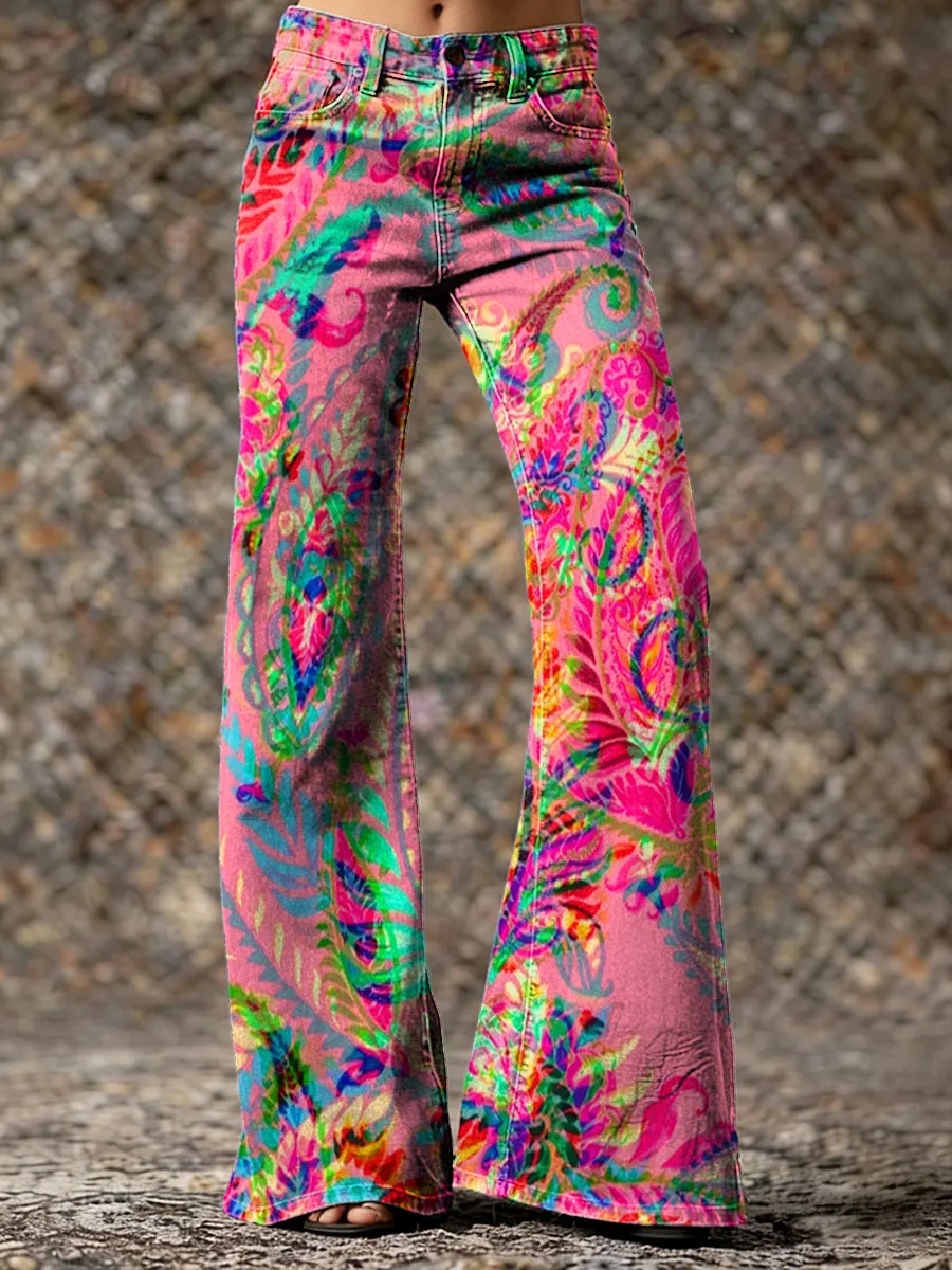 Colorful Paisley Art Print Casual Washed Cotton Pants