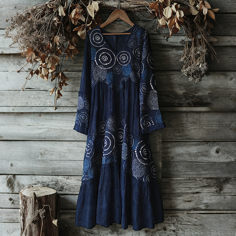 Vintage Japanese Traditional Sashiko Art Pattern Linen Blend Maxi Dress