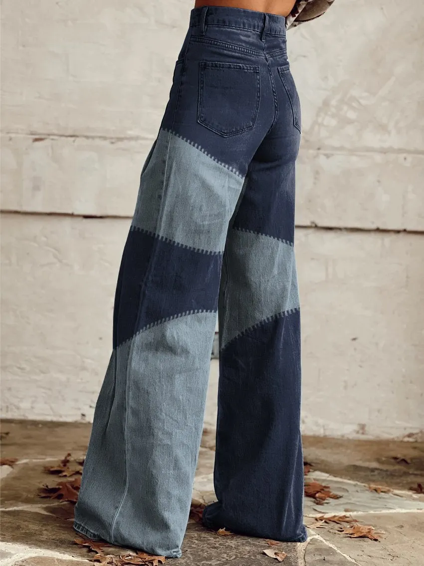 Retro Denim Pattern Zipper Stitching Dark Blue Light Blue Mixed Color Print Casual Wide-Leg Pants