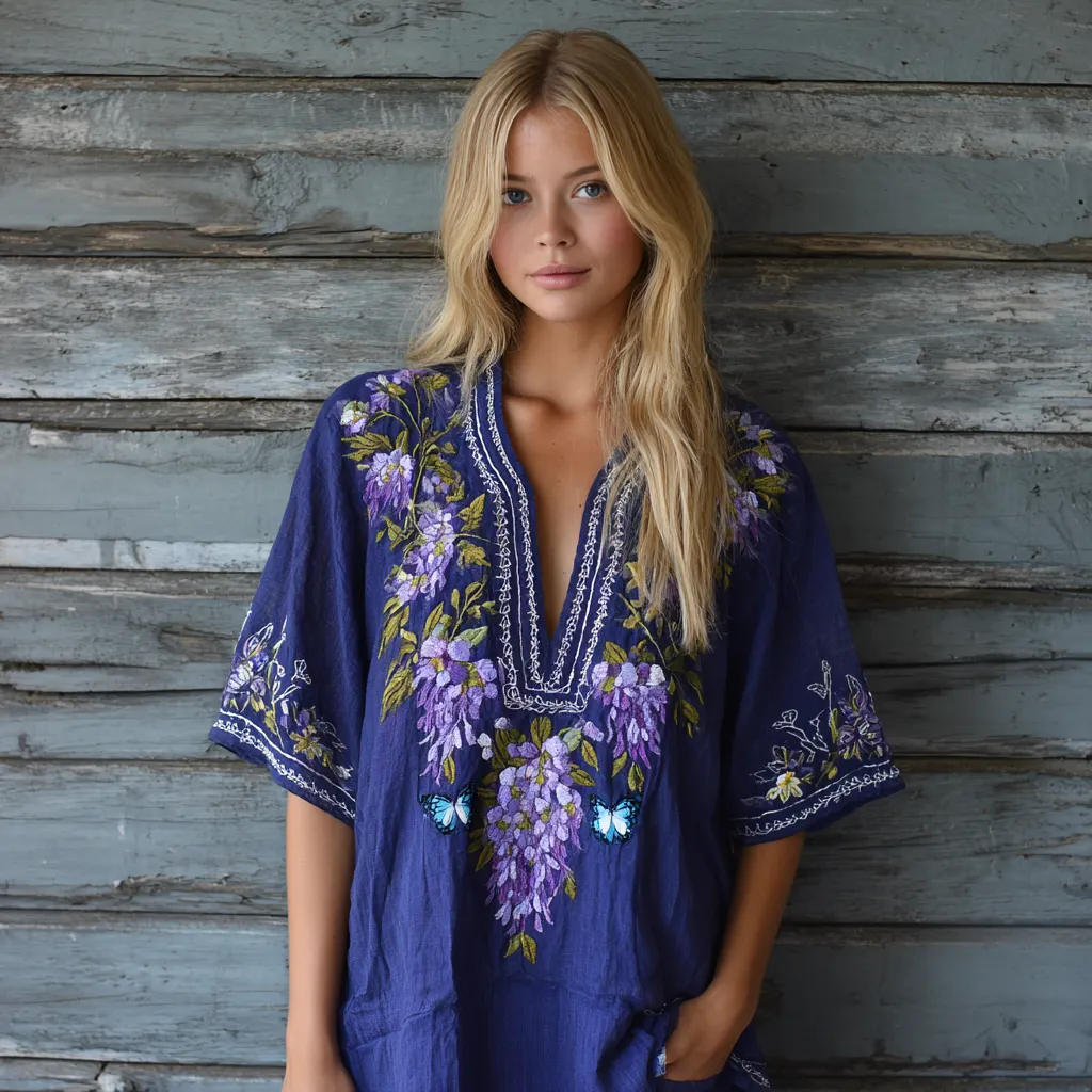 Women's Lavender Butterfly Embroidery V-neck Shirt