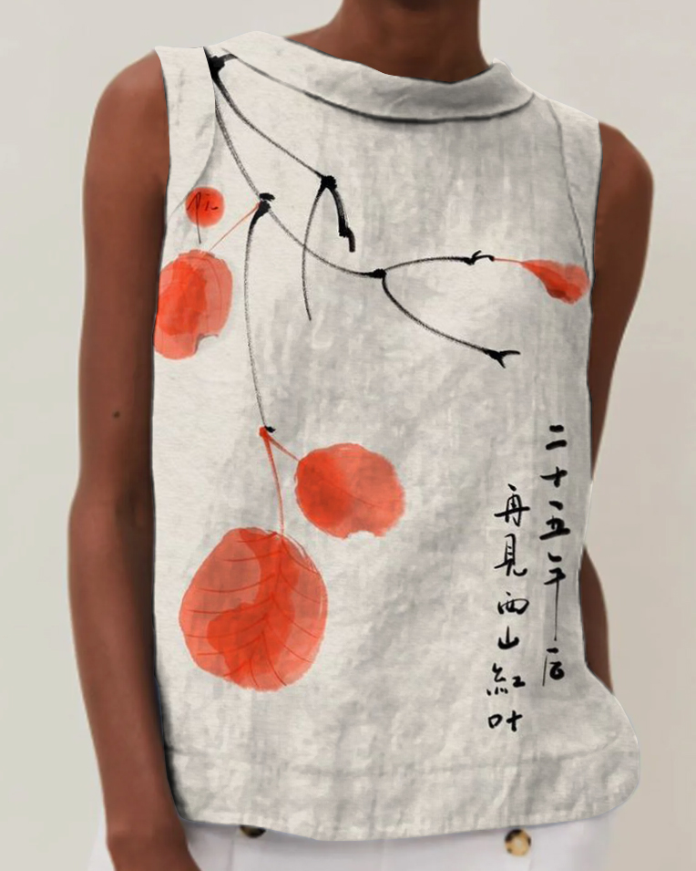 Vintage Art Print Cotton & Linen Round Neck Sleeveless Top