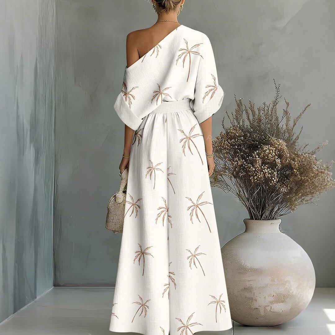 Palm Tree Print Cropped Top& Pants Two-Piece Set