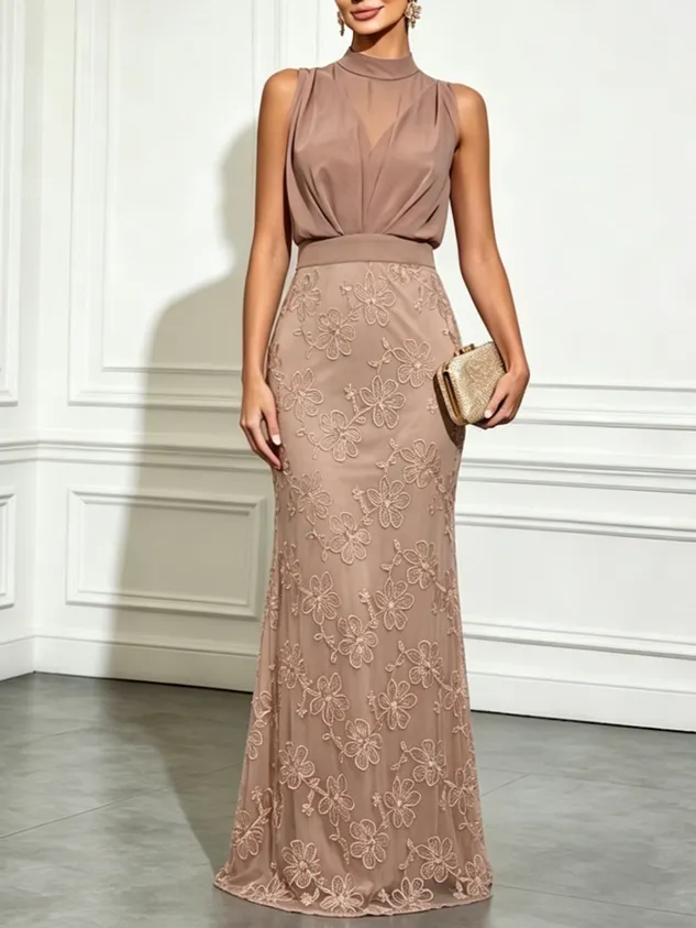 Light Brown Jacquard Ruched Classic Mock Neck Sleeveless Mermaid Gown