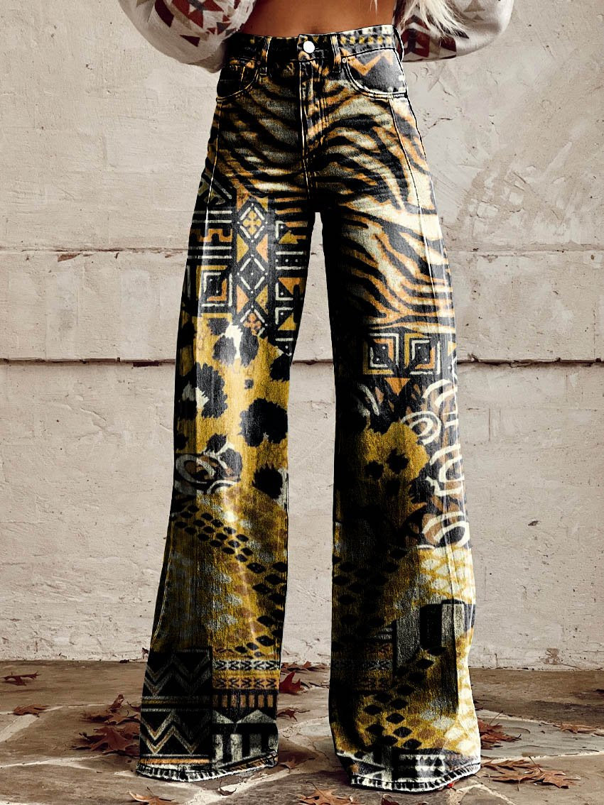 Black & Yellow Print Casual Wide-Leg Pants