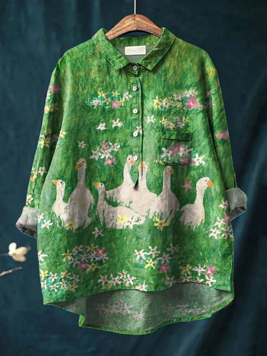 Lovely Goose Floral Art Print Casual Cotton & Linen Shirt