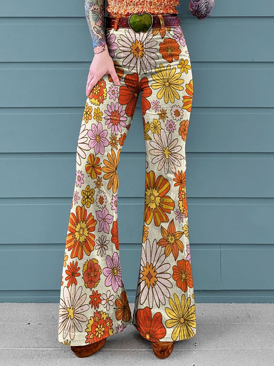 Vintage Flowers Print Mid Waist Buttoned Hem Bootcut Jeans Without Belt