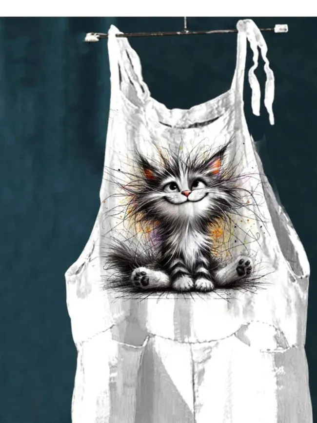 Cat Art Print Colorful Art Casual Wide-Leg Jumpsuit