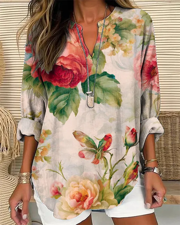Vintage Floral Print Loose Long Sleeve Top