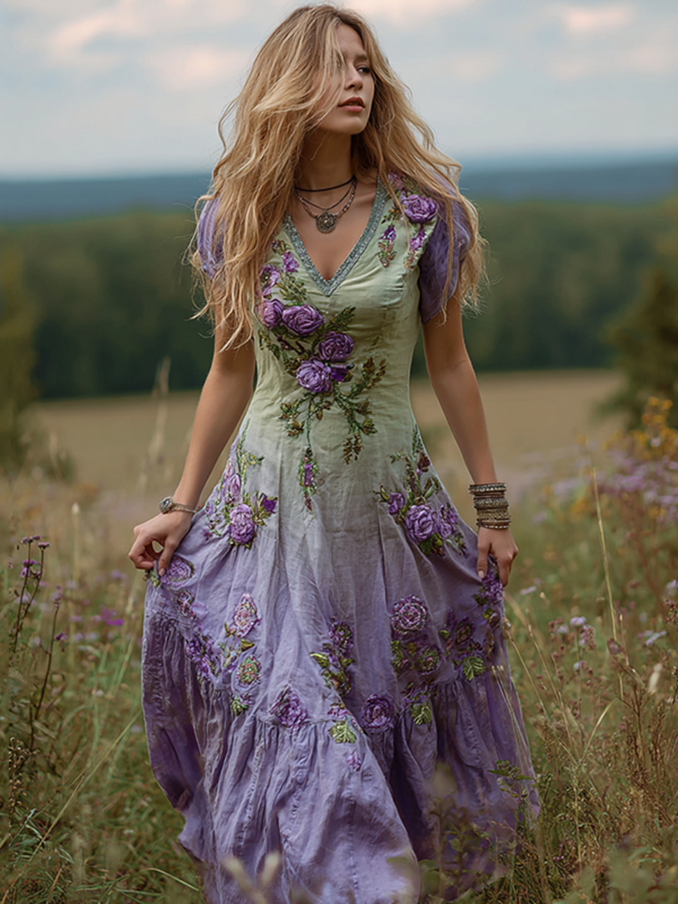 Bohemian Floral Art Gradient Linen Maxi Dress