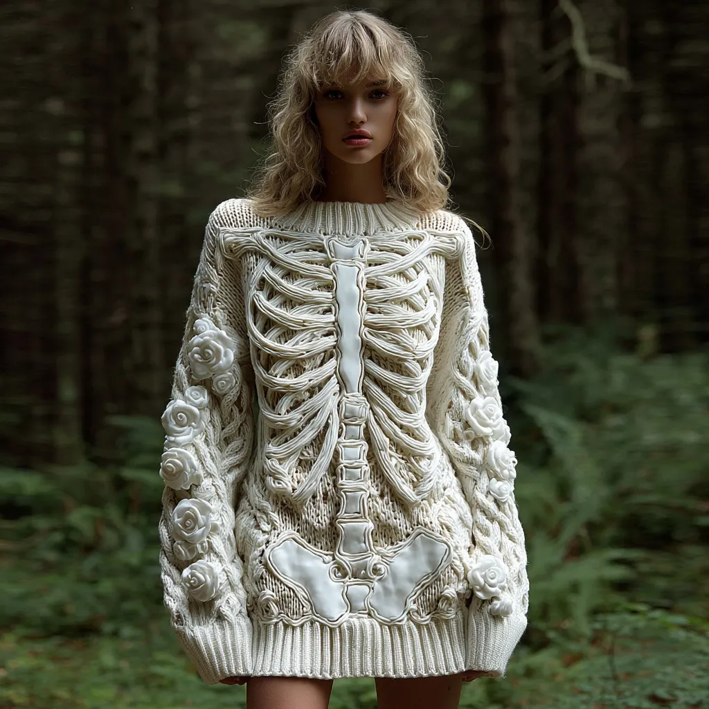 Women's Vintage Halloween Skeleton Bones With White Rose Art Cozy Knit Mini Sweater Dress