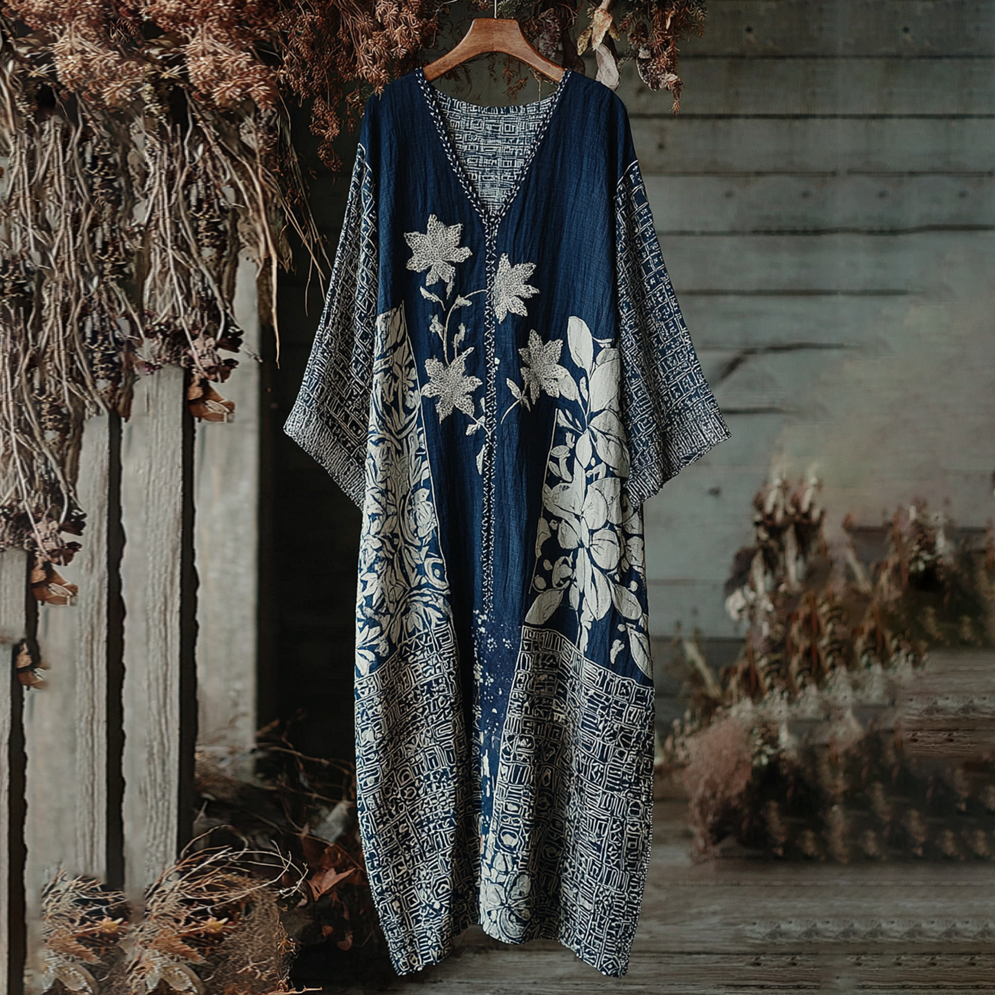 Japanese Traditional Sashiko Art V-neck Kaftan