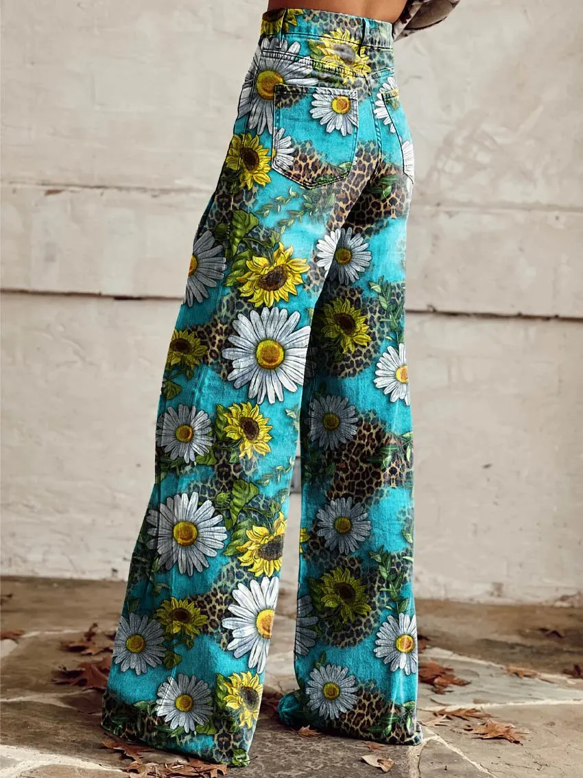 Daisy Leopard Print Casual Wide-Leg Pants