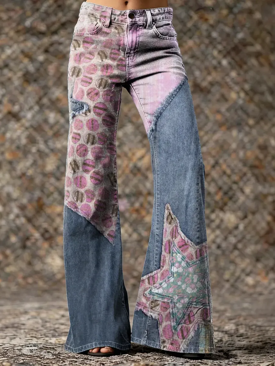 Retro Floral & Star Patchwork Art Print Casual Slim-fit Flared Pants