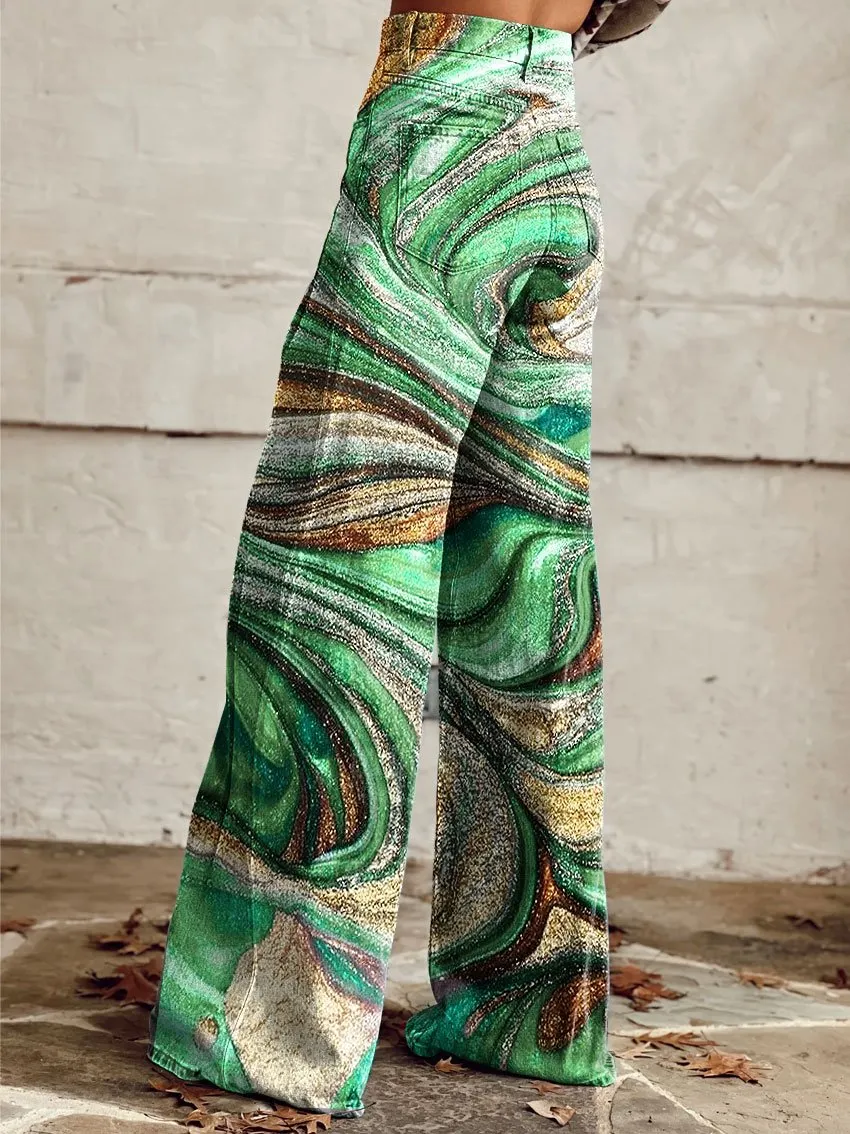 Vintage Green Texture Print Casual Wide-Leg Pants