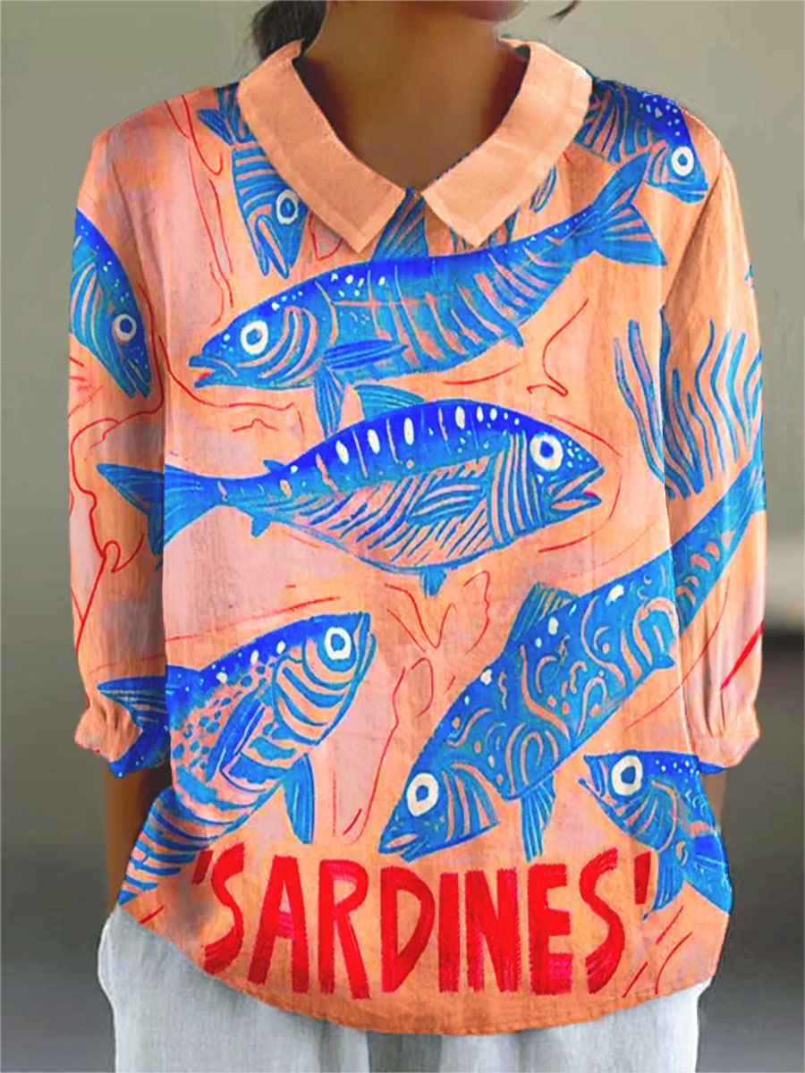 Vintage Fish Sardines Art Print Casual Cotton & Linen 3/4 Sleeve Shirt