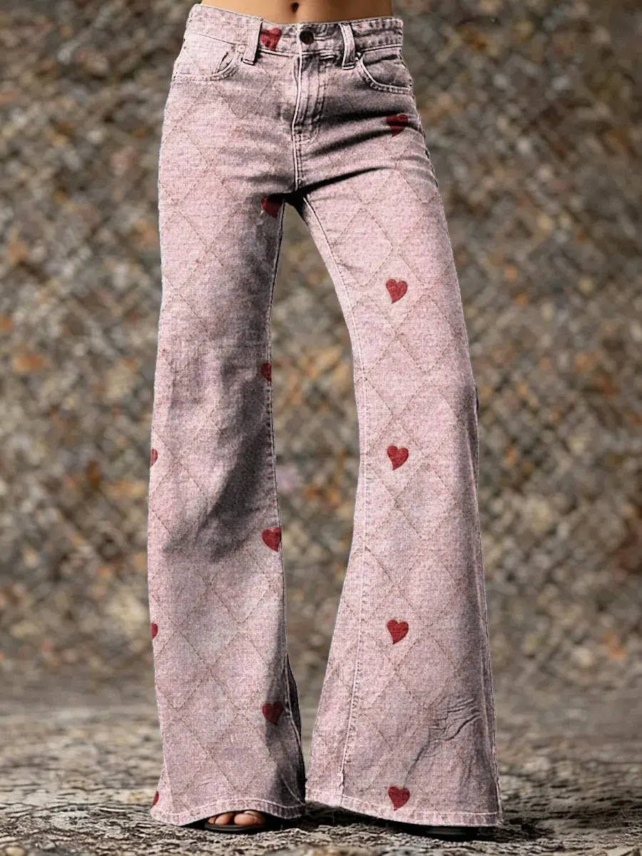 Red Heart Art Print Washed Cotton Pants