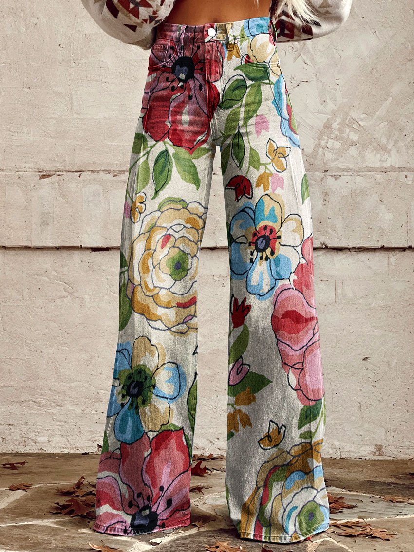 Vintage Wild West Print Casual Wide-Leg Pants