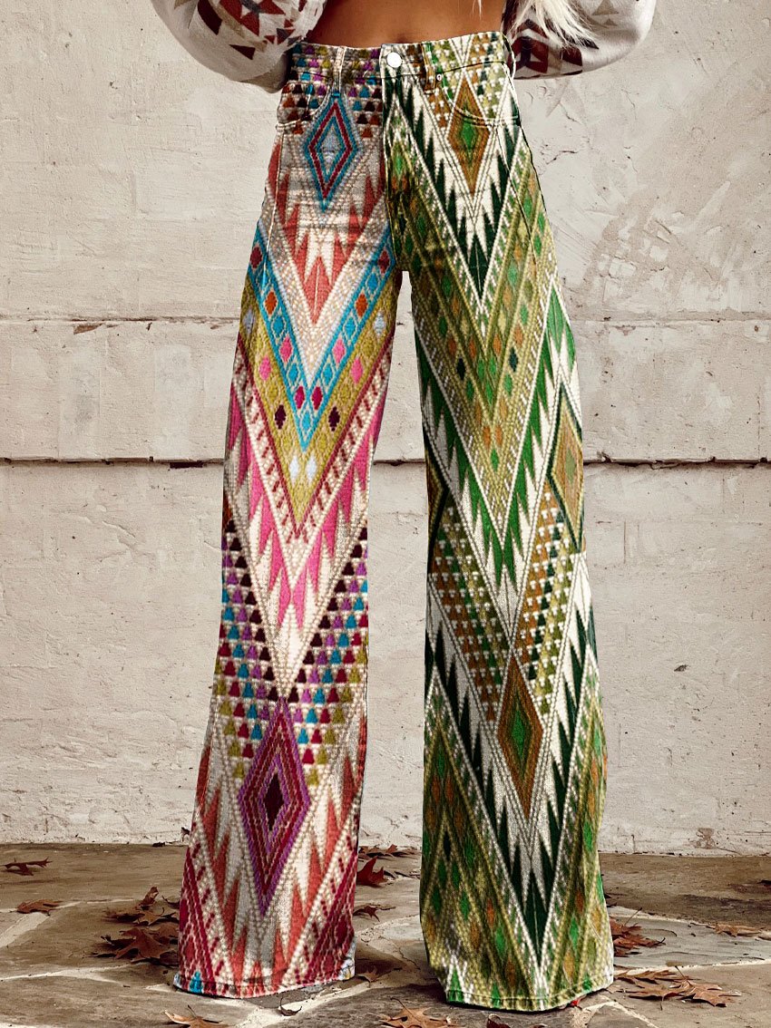 Vintage Lrregular Totem Print Casual Wide-Leg Pants