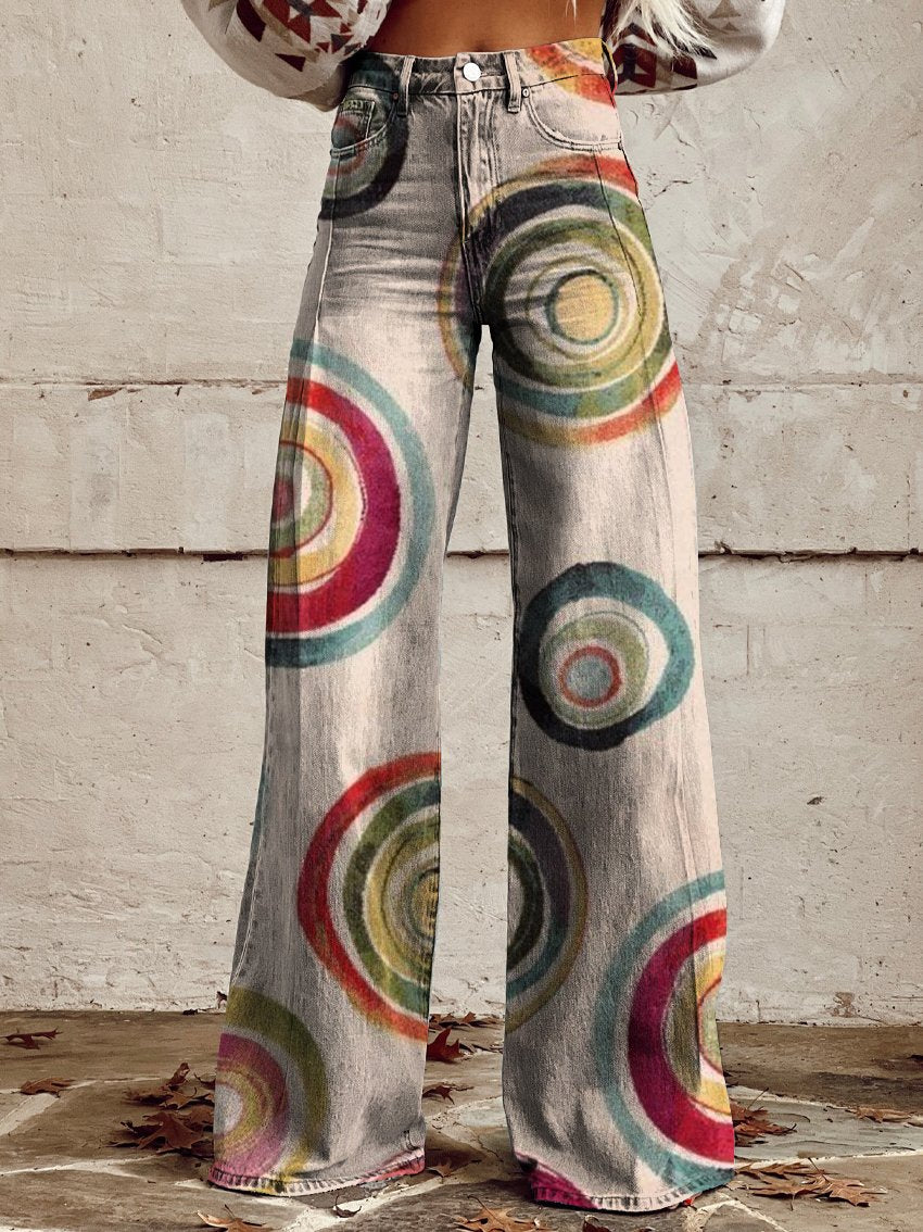 Vintage Print Casual Wide-Leg Pants
