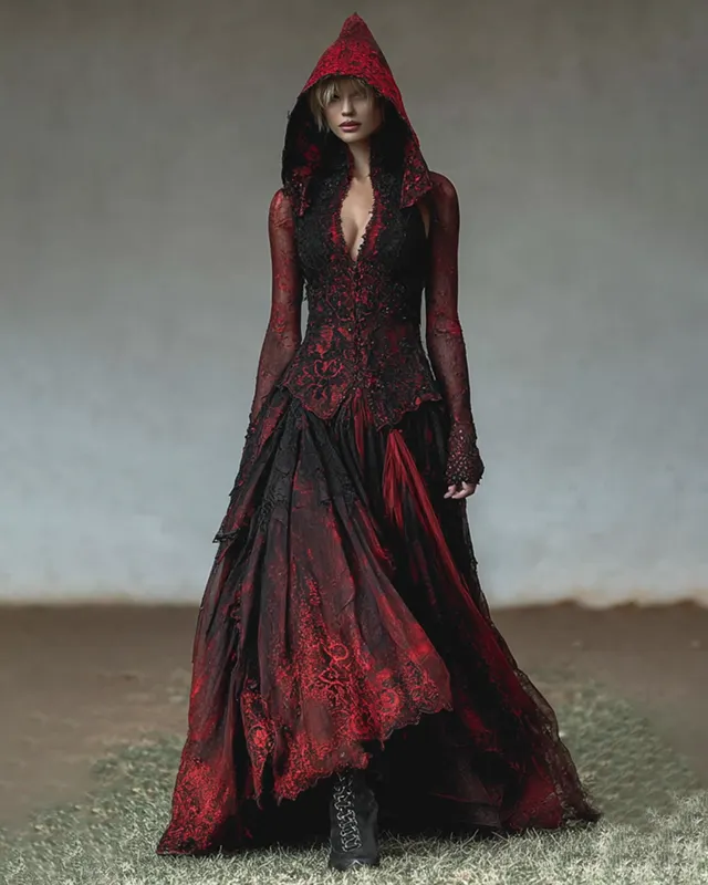 Bohemian style gradient lace embroidery patchwork hooded Evening Dress dca2
