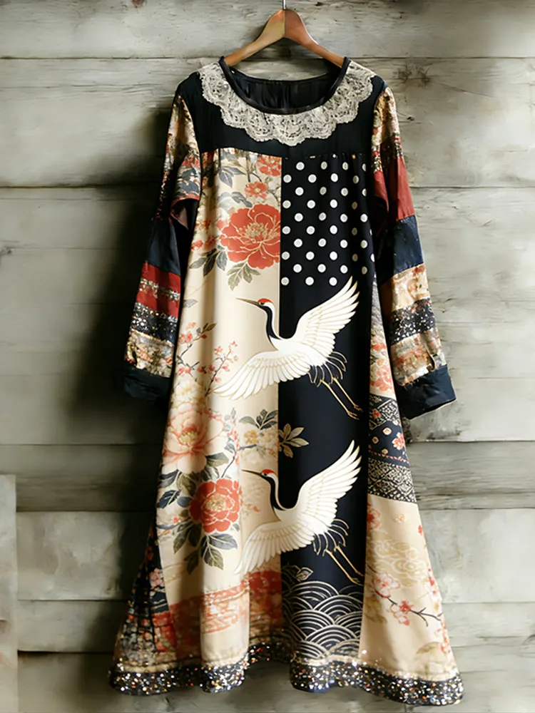 Vintage Floral Flying Crane Lace Round Neck Dress