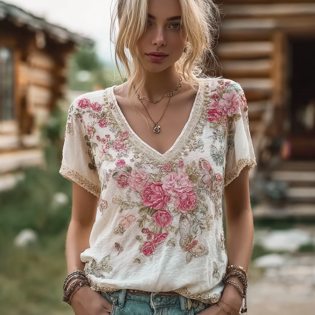 Bohemian Style Floral And Butterfly Pattern Women's T-shirt