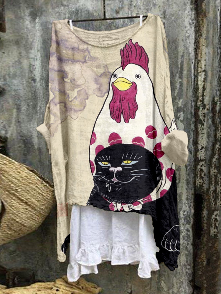Vintage Japanese Cat & Chicken Art Linen Tunic