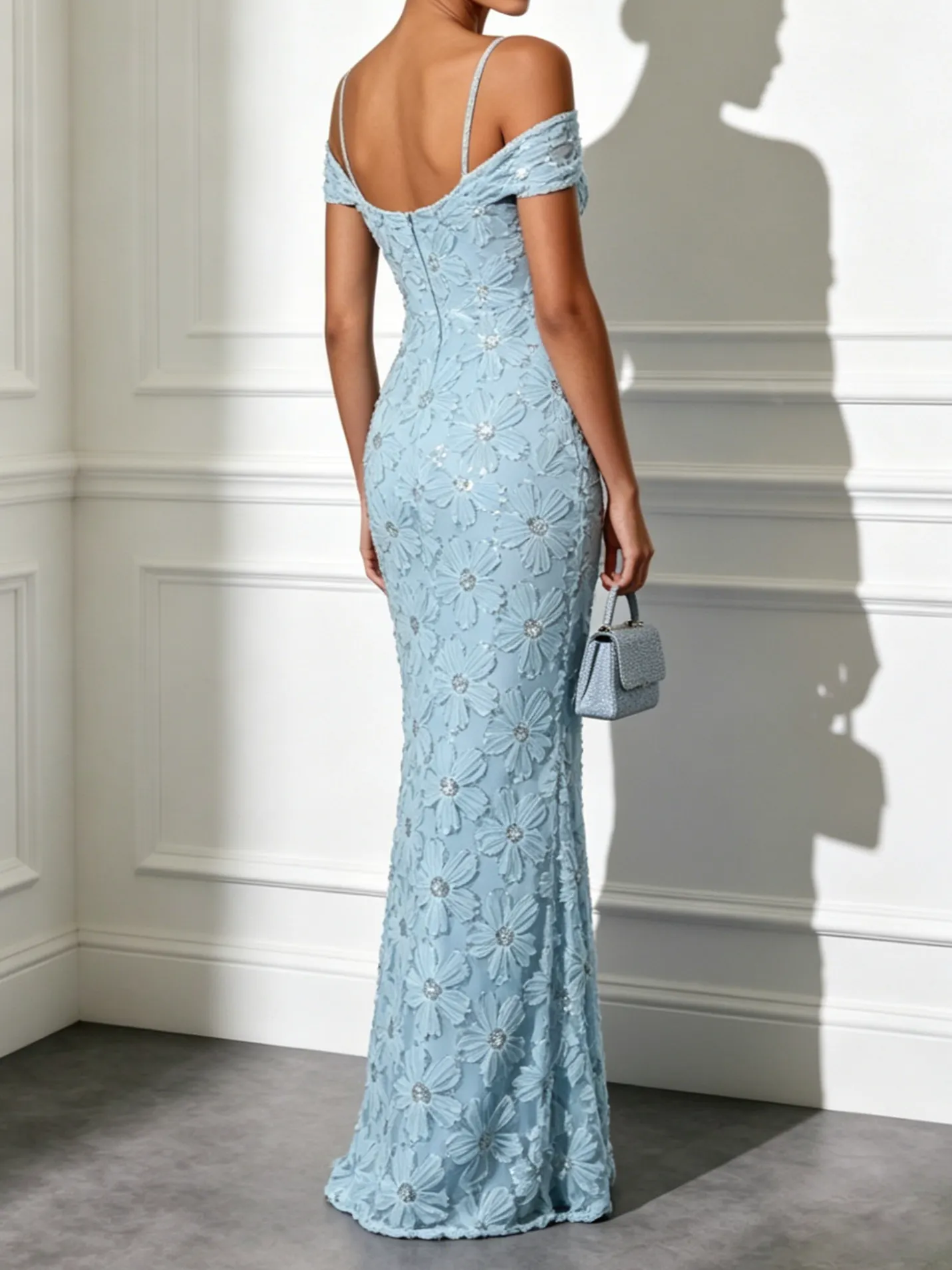 Light Blue Jacquard Glitter Classic Off The Shoulder Short-Sleeve Mermaid Floor-length Gown